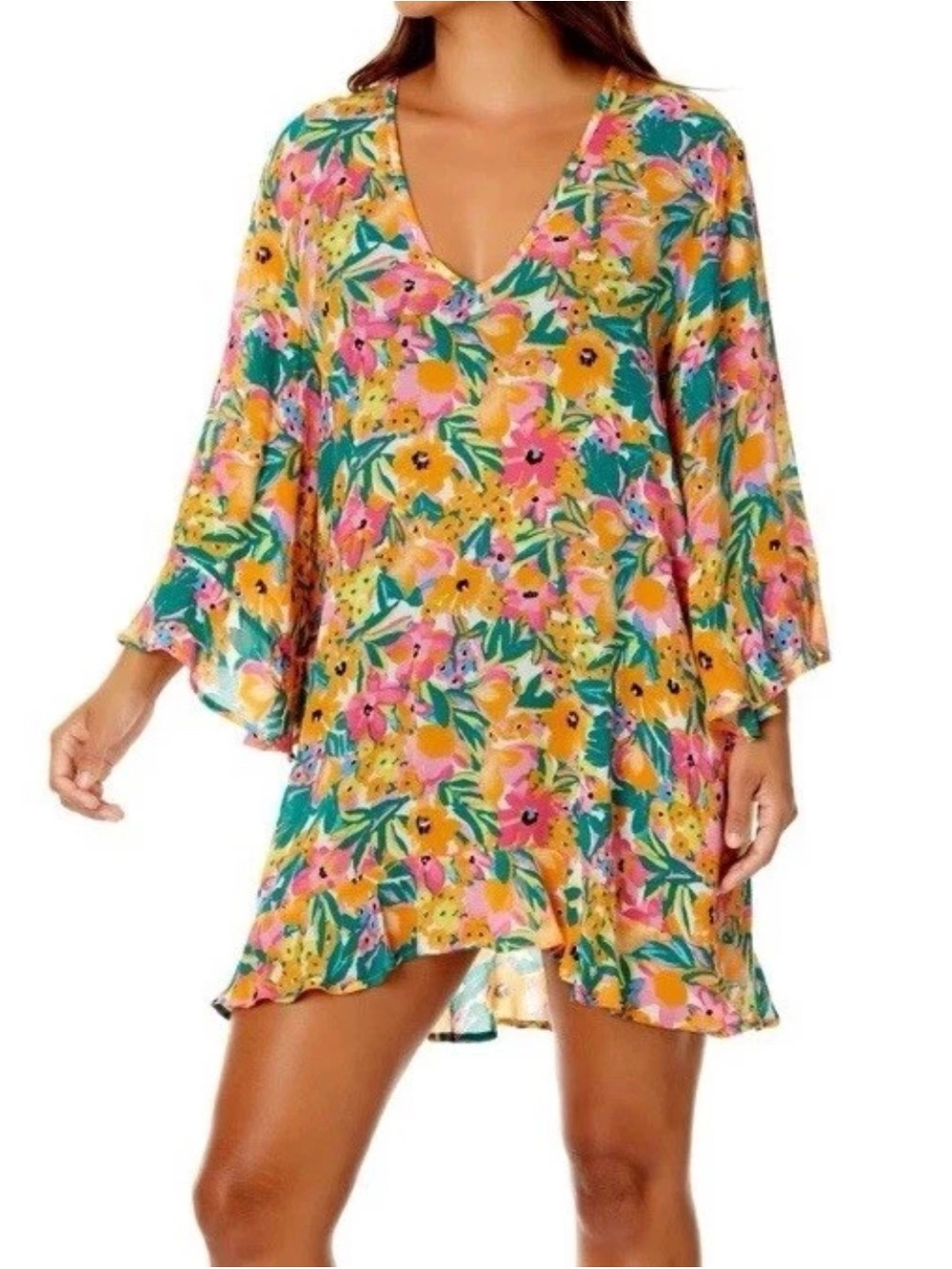 Anne Cole Yellow Pink Green Floral V-Neck Swim Coverup